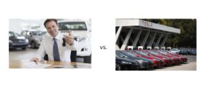 Image of typical car sales man vs modern looking Tesla dealership