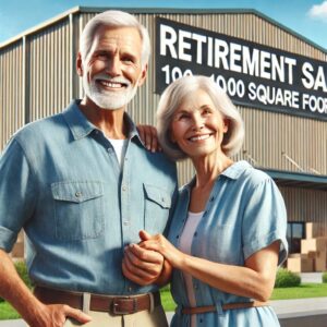 Healthy 65-year-old couple smiling in front of a large warehouse with a 'Retirement Sale' sign, representing optimism and strategic real estate planning for retirement.