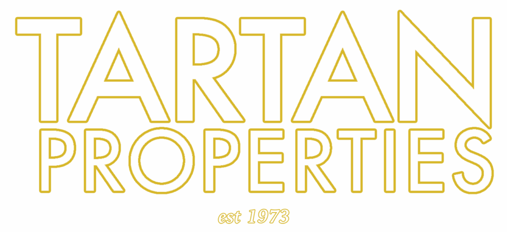 Bold, yellow outlined text reads TARTAN PROPERTIES in all caps, with smaller yellow script below stating est 1973 on a light gray background.