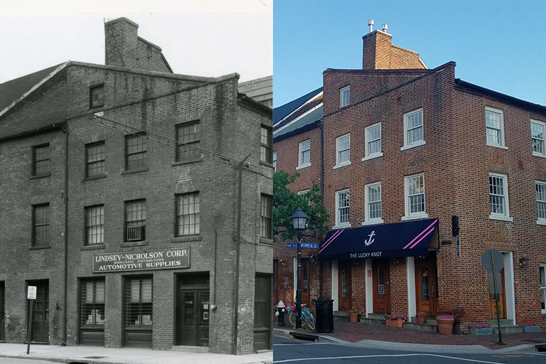 Side-by-side comparison of a brick building: left shows an old black-and-white photo with an automotive supply store; right shows the same building in color, now a restaurant with a blue awning, updated windows, and Tartan Properties signage.