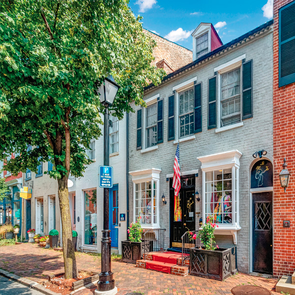 Colorful historic row houses line a brick sidewalk on a sunny day, with a leafy tree and a streetlamp in front. An American flag hangs by a door with red steps and flower boxes on the window sills.
